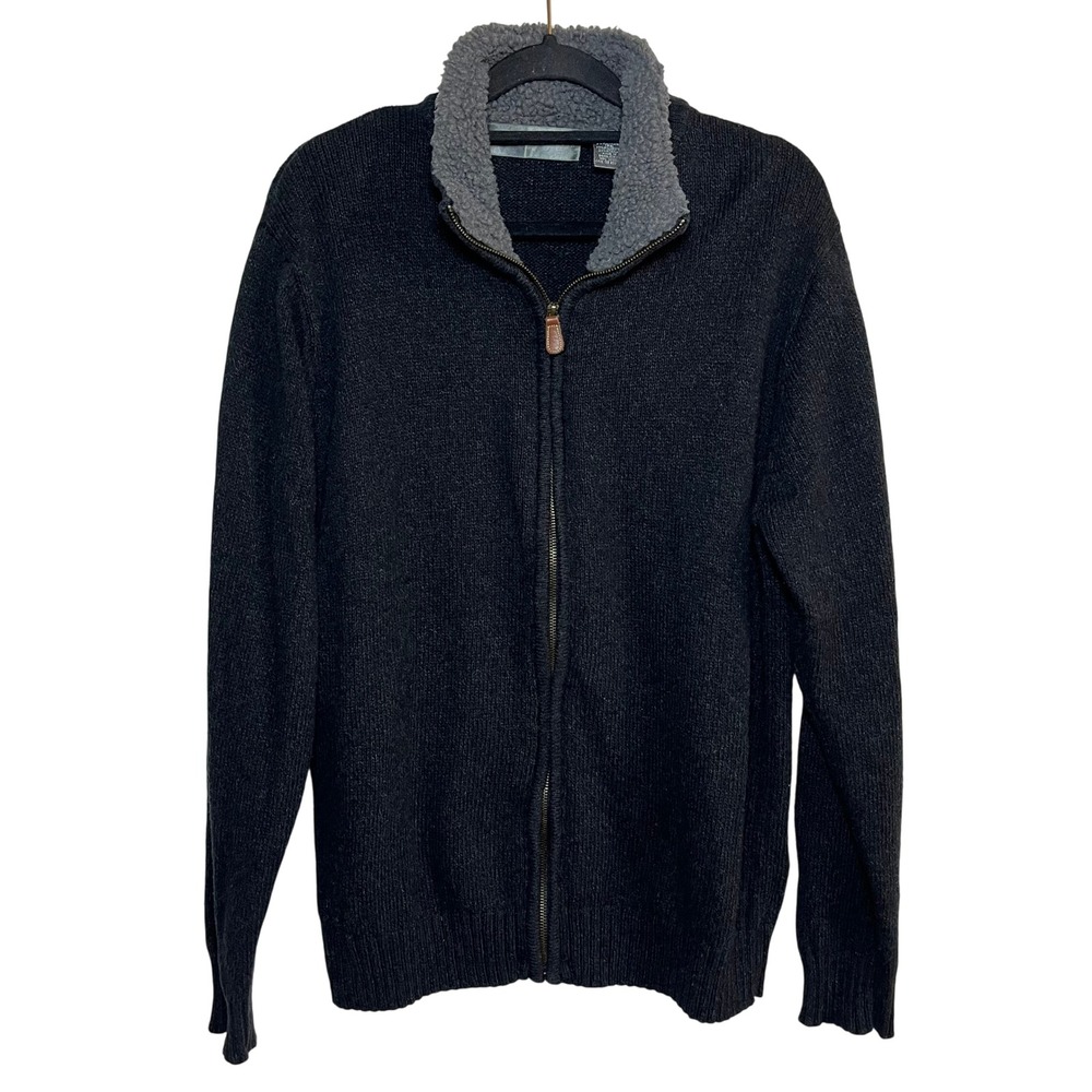 Oscar de la Renta Gray Full Zip Sherpa Collar Knit Cardigan Sweater Medium Cozy